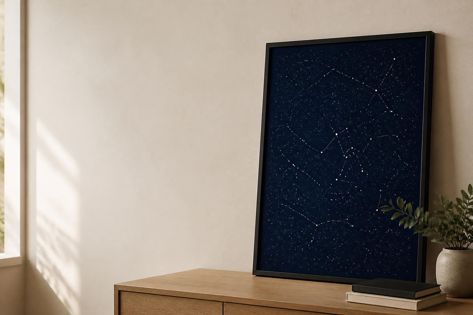 A framed star map print leaning on a cream wall above a wooden console